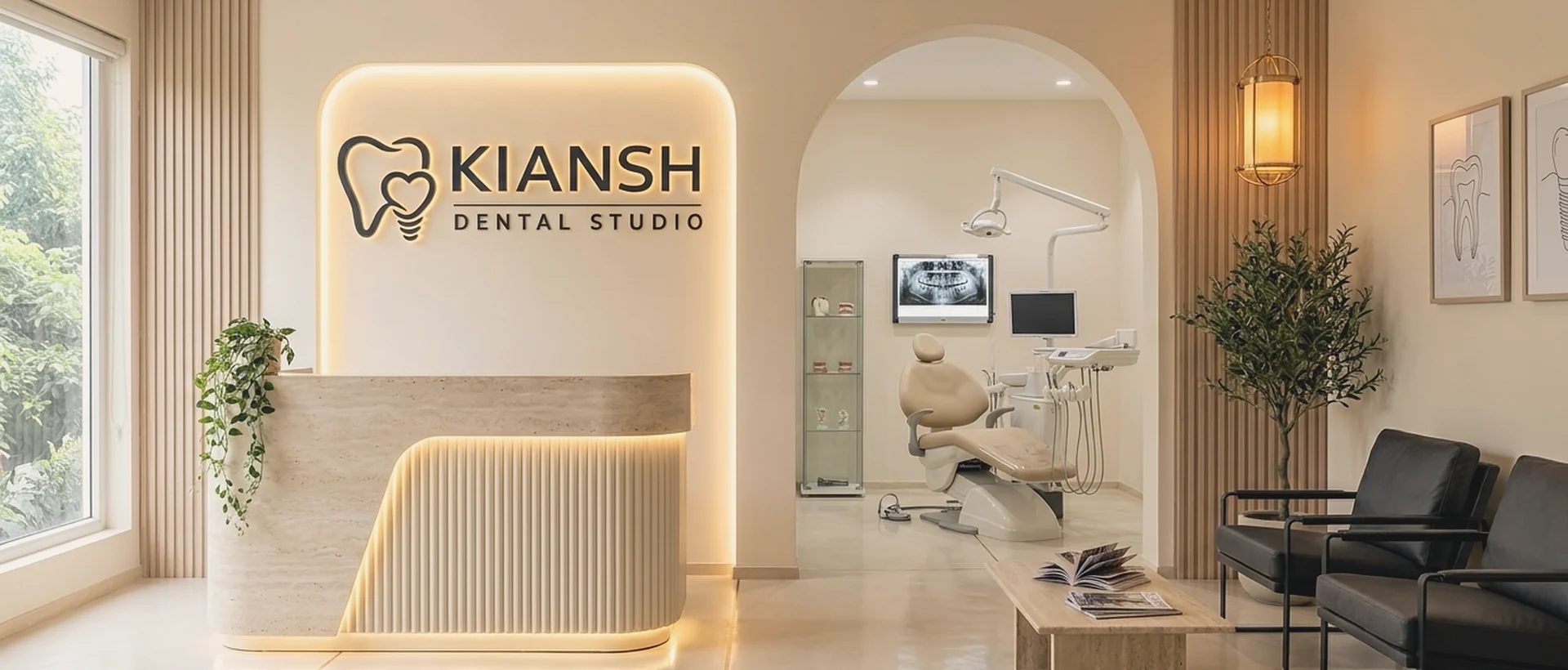 Kiansh Dental Studio interior design visual — bone, timber and champagne-gold palette
